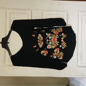 No brand. Black embroidered gauze fabric blouse. Size L